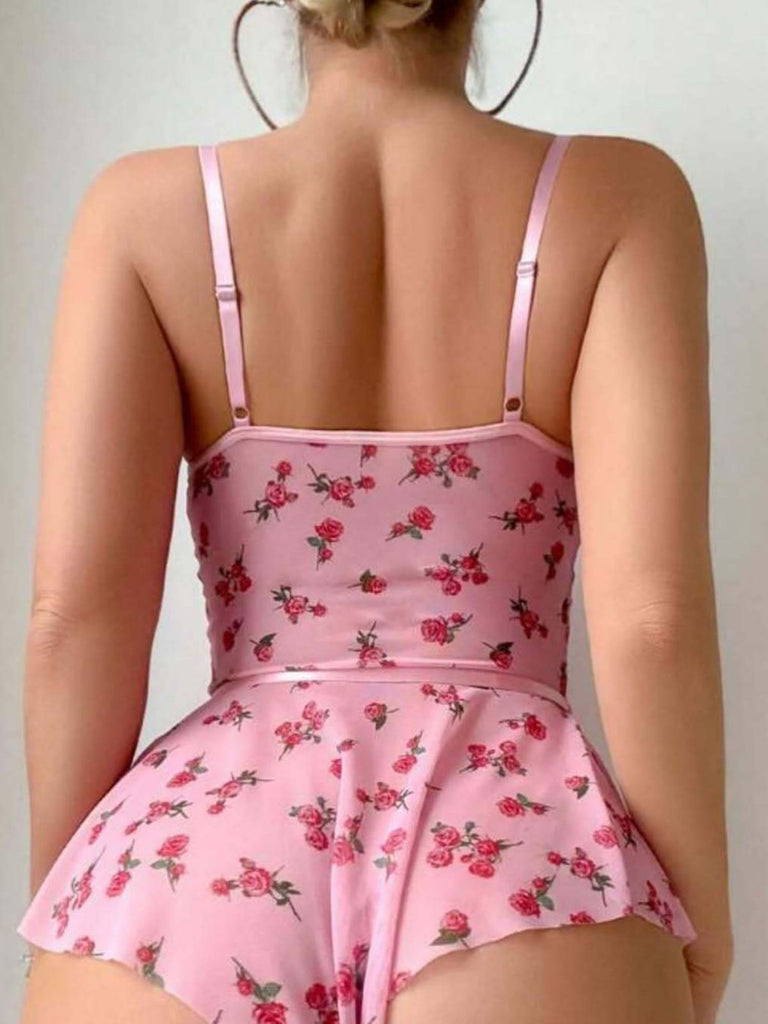 Nuisette rose à nœud en dentelle et roses années 1930