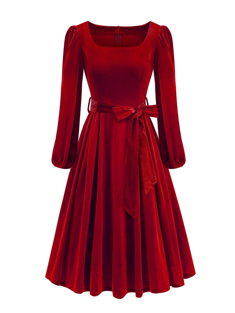 Robe de Noël en velours col carré manches longues des années 1950