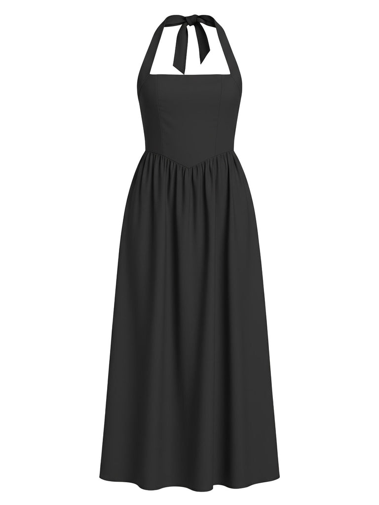 Robe à col licou unie à bretelles larges années 1940