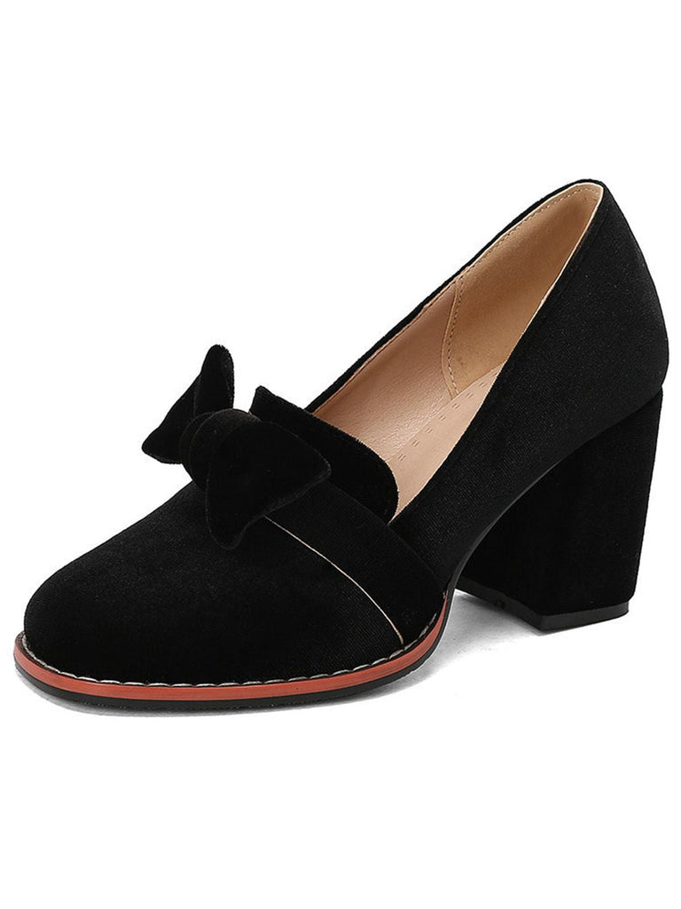 Chaussures à talons carrés en velours uni avec nœud papillon