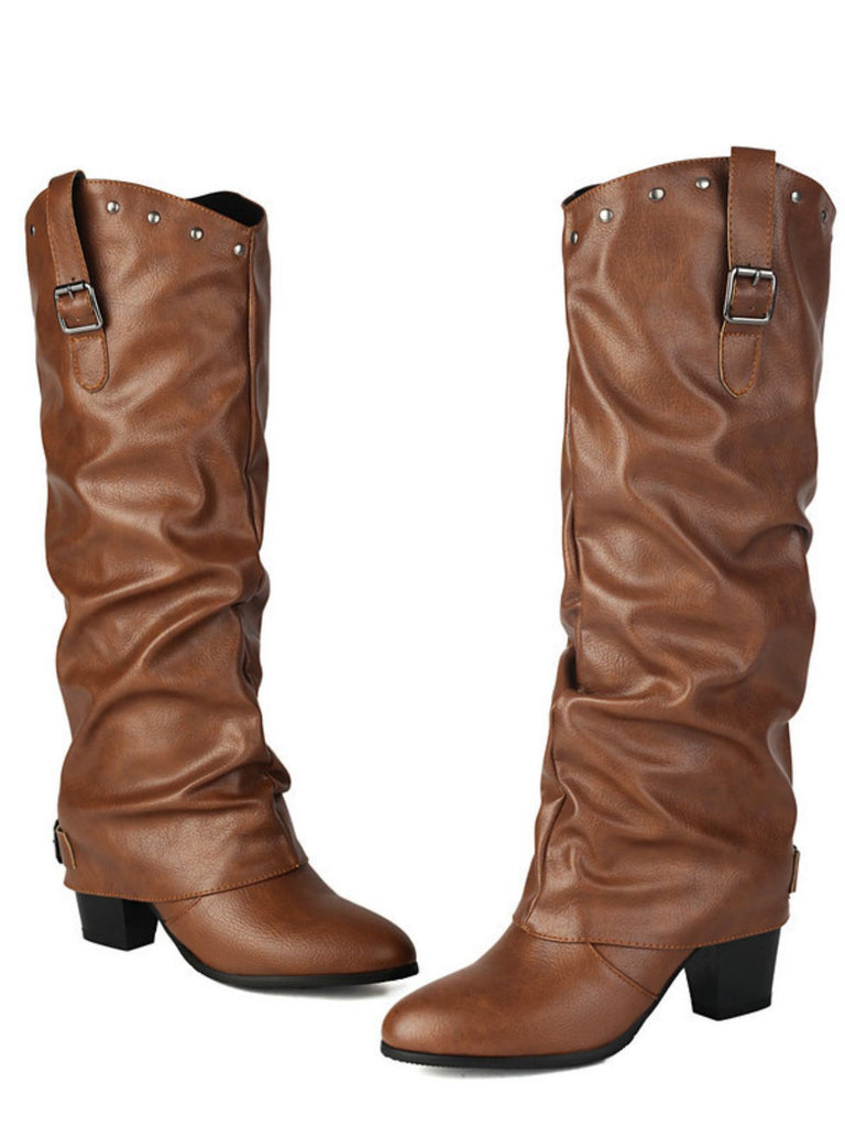 Bottes mi-mollet vintage à boucle cloutée brown