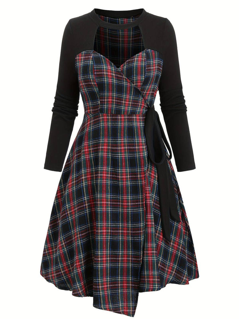 [Grande taille] Robe patchwork noire à carreaux découpés années 40