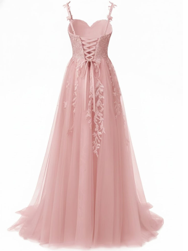 Robe longue rose tulle dentelle fines bretelles 1930s