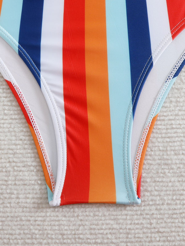 Ensemble bikini à bretelles rayures verticales contrastées nœud années 1940