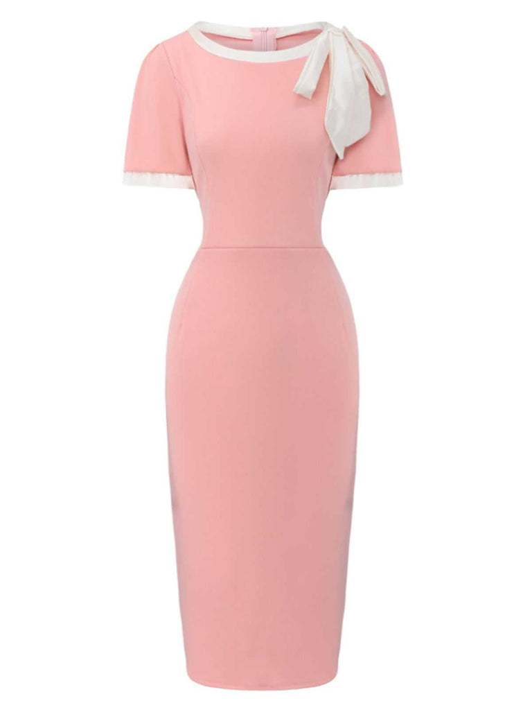Robe moulante nœud et col rond colorblock années 60
