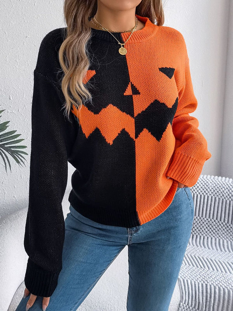 Pull en tricot colorblock à motif citrouille Halloween années 1940