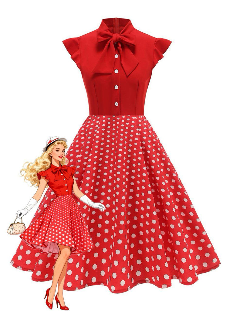 Robe noire trapèze à pois col nœud manches cape années 1950
