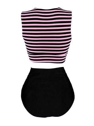 Maillot de bain à rayures à lacets violette des années 1970