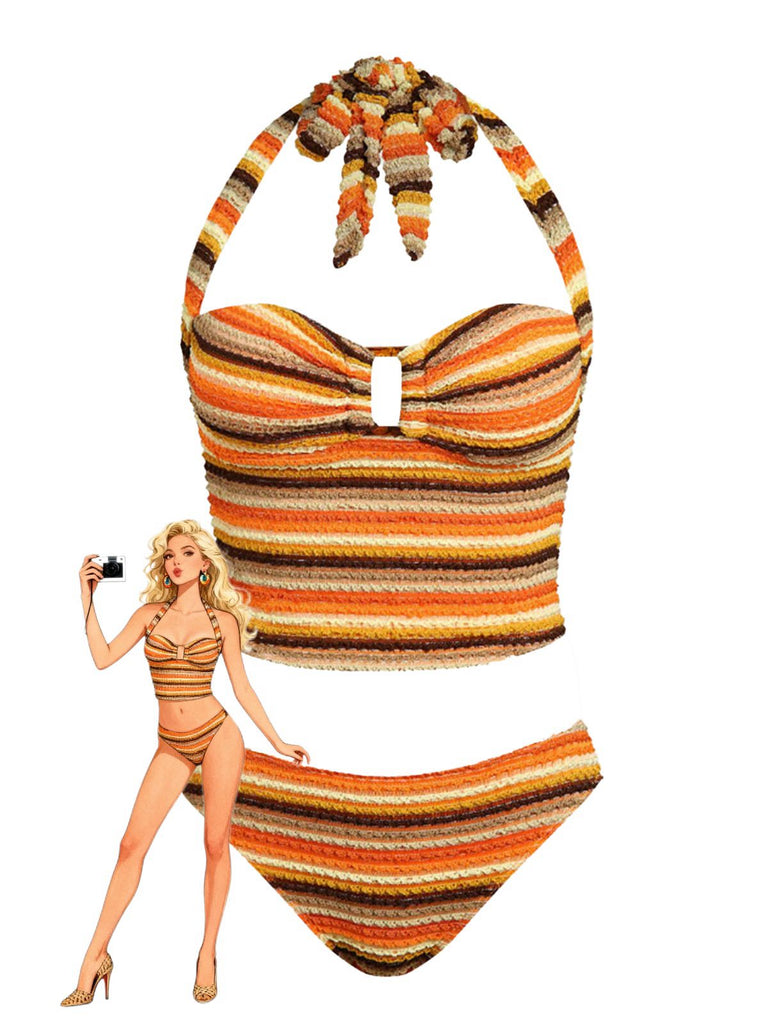 Maillot de bain dos nu rayé en maille orange années 1980