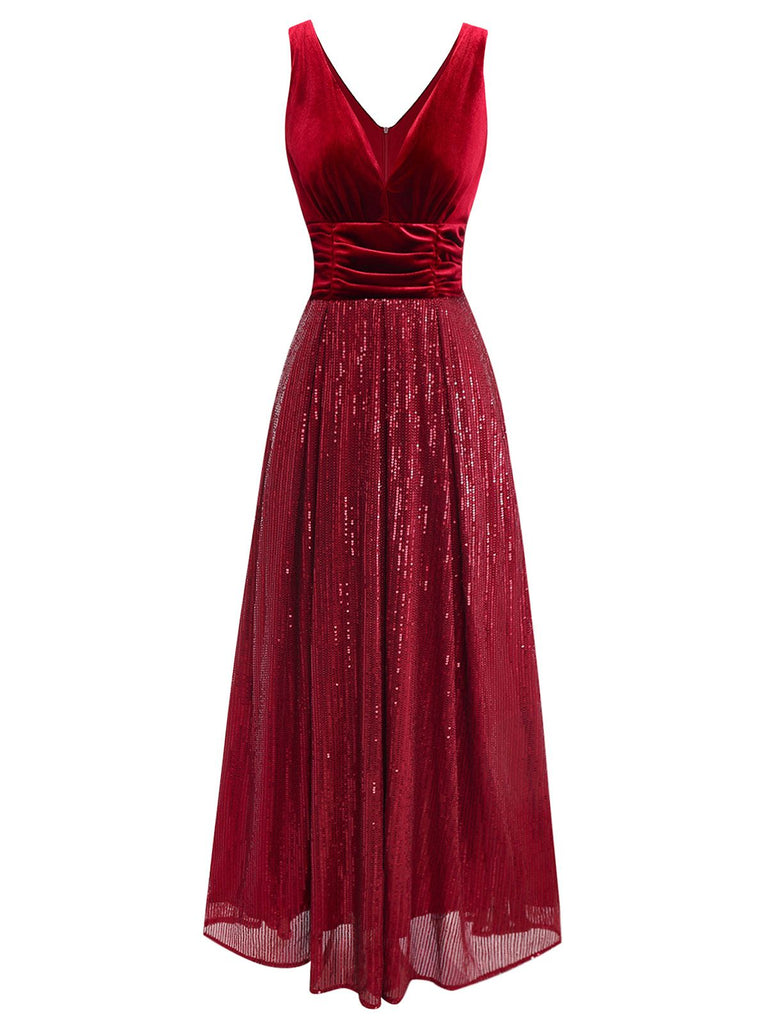 Robe longue bordeaux en velours à sequins col en V style années 1950