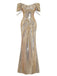 Robe de soirée dorée sequins épaules dénudées années 1980