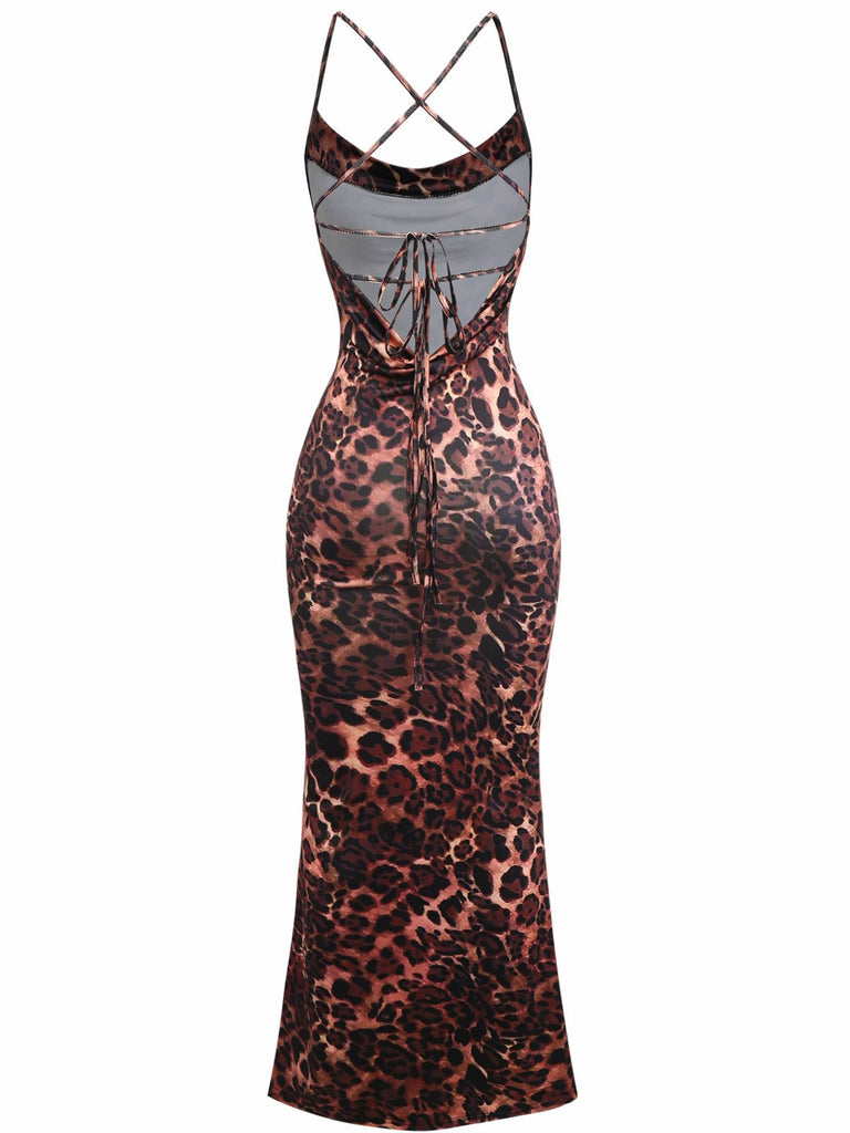 Robe à bretelles spaghetti dos nu à imprimé léopard années 1930