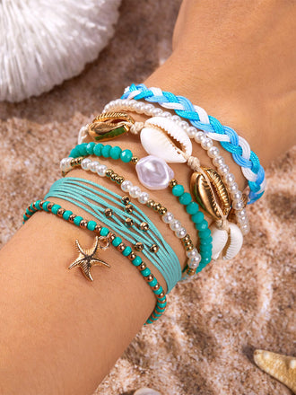 7PCS Ensemble bracelets tressés à plusieurs rangs perles forme coquillage bleu