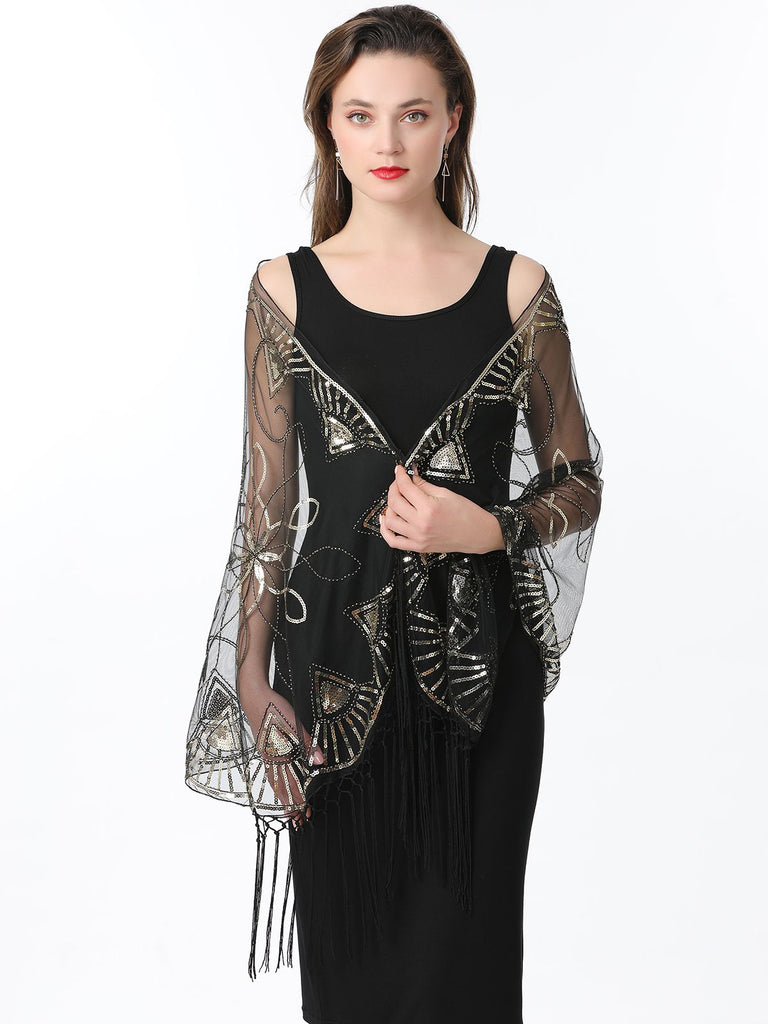 Cape en maille à paillettes et pompons des années 1920