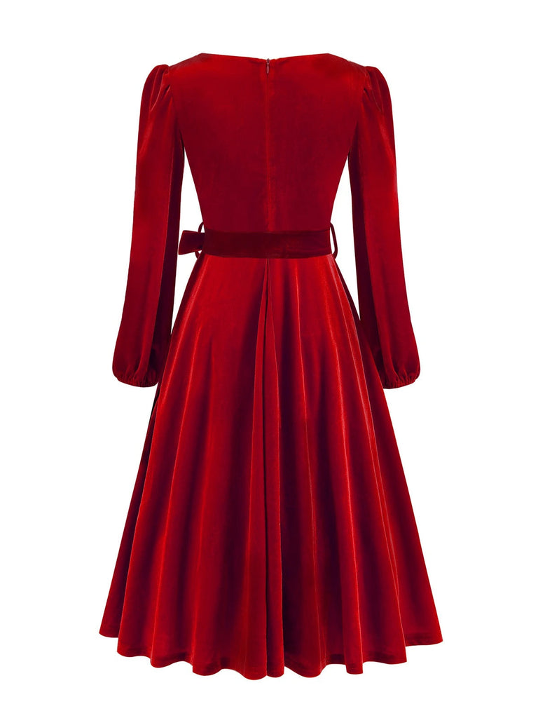 Robe de Noël en velours col carré manches longues des années 1950