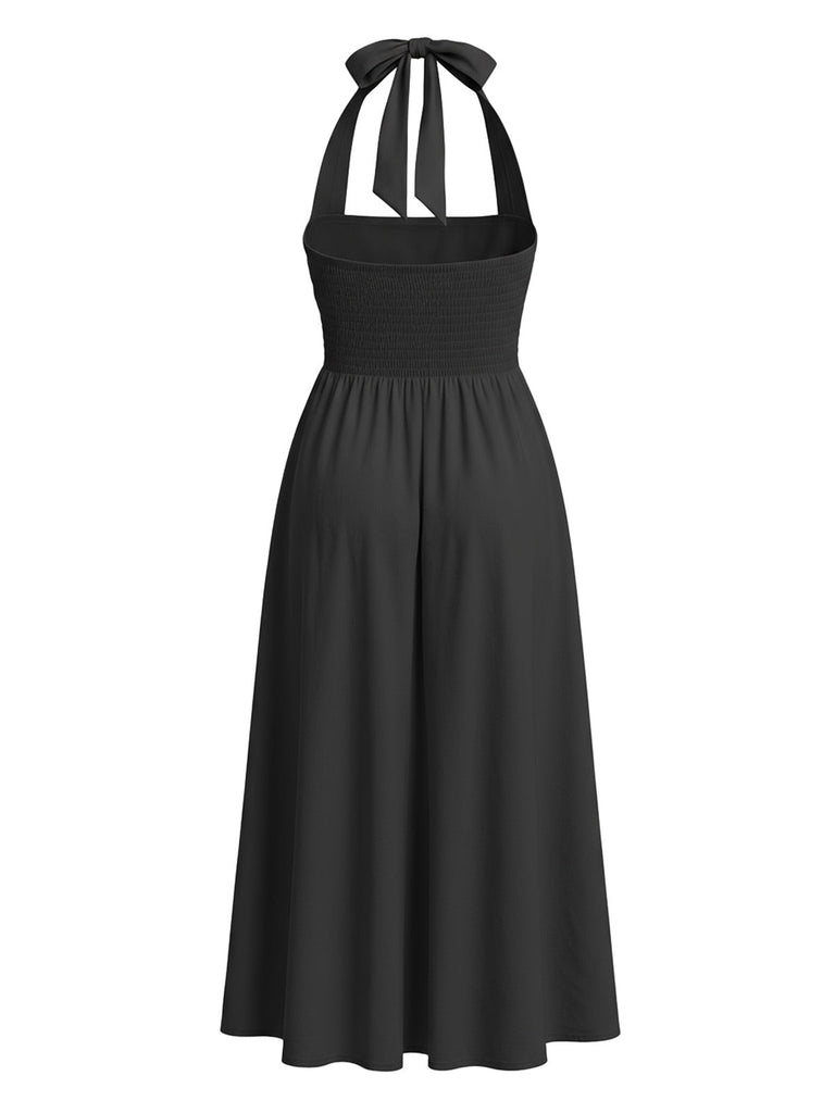 Robe à col licou unie à bretelles larges années 1940