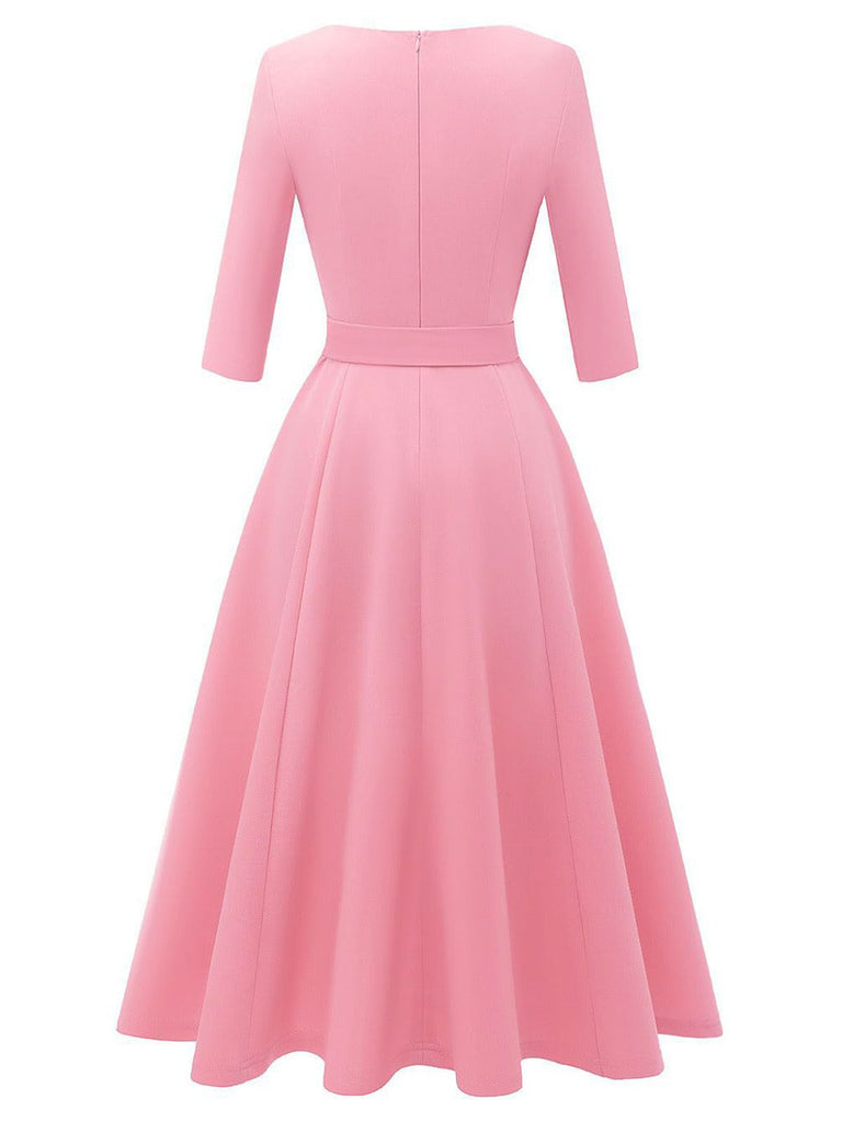 Robe trapèze manches trois-quarts à nœud papillon années 1940