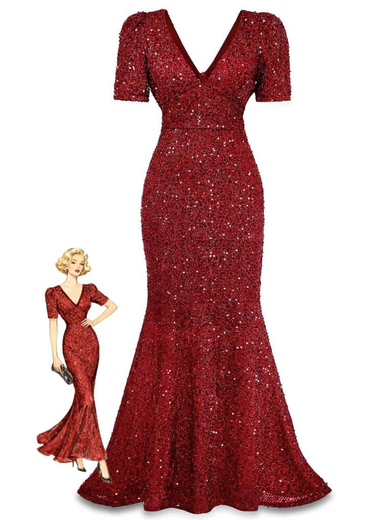 Robe sirène longue à paillettes et nœud rouge vin années 30