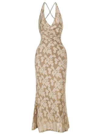 Robe longue dos nu en jacquard fleuri col en V des années 1930