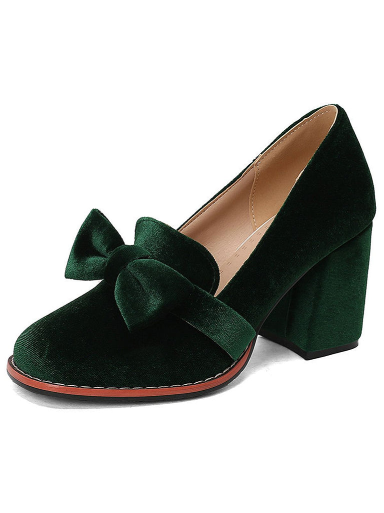 Chaussures à talons carrés en velours uni avec nœud papillon