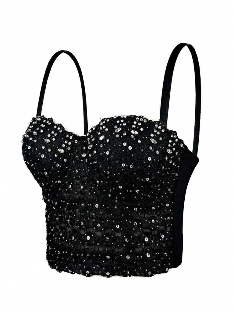 Haut corset à bretelles et strass scintillants des années 1980