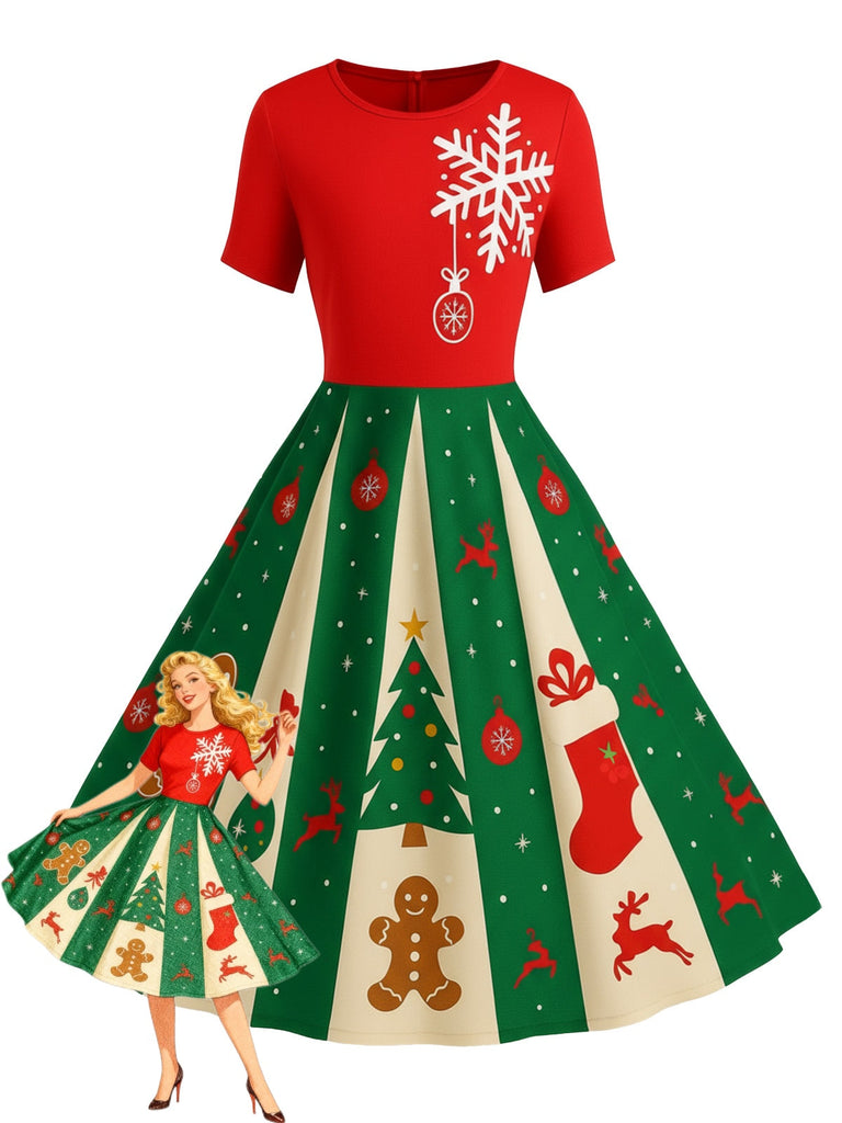Robe trapèze rose motif flocon de neige des années 1950