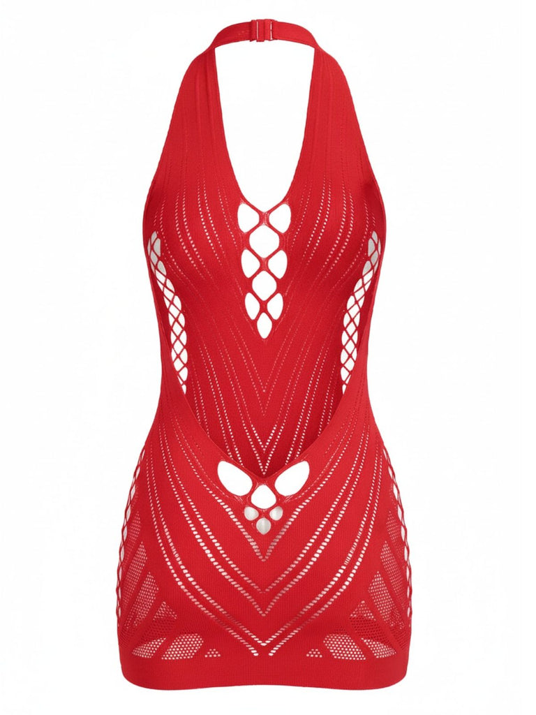 Robe de lingerie mini en résille à décolleté dos nu années 1960