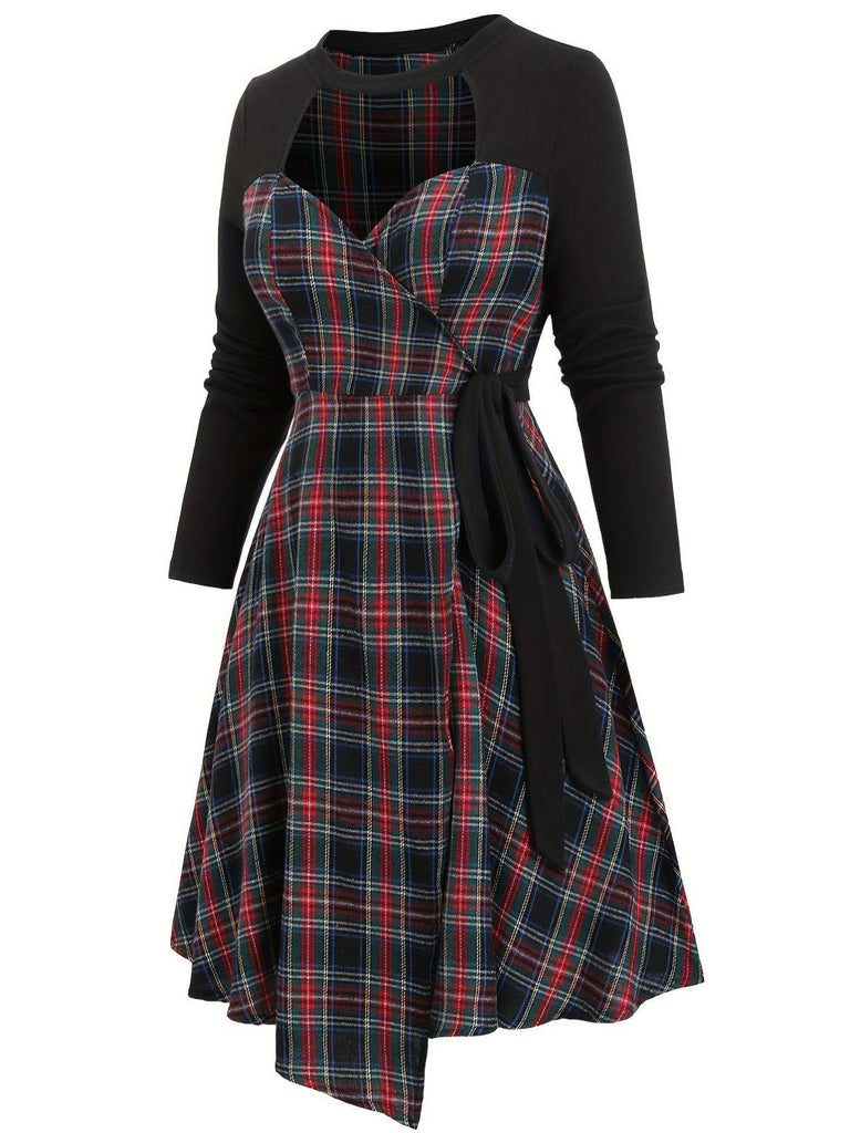 [Grande taille] Robe patchwork noire à carreaux découpés années 40
