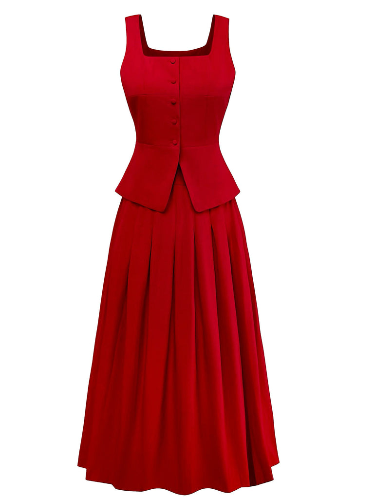 2PCS Gilet sans manches à col carré et jupe rouge années 1940