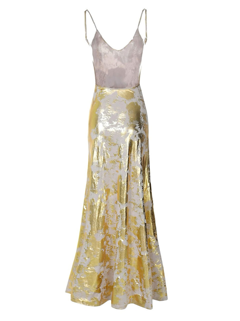 Robe dorée à fines bretelles et col en V en imprimé métallisé années 1980