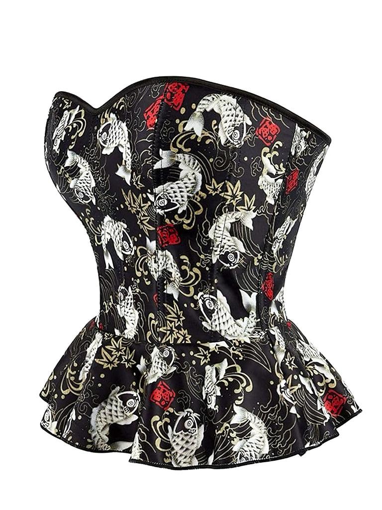 Corset noir à volants sans bretelles à imprimé poissons koï des années 1970