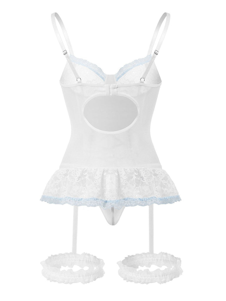 Ensemble de lingerie lacets et nœud en dentelle contrastée années 1970