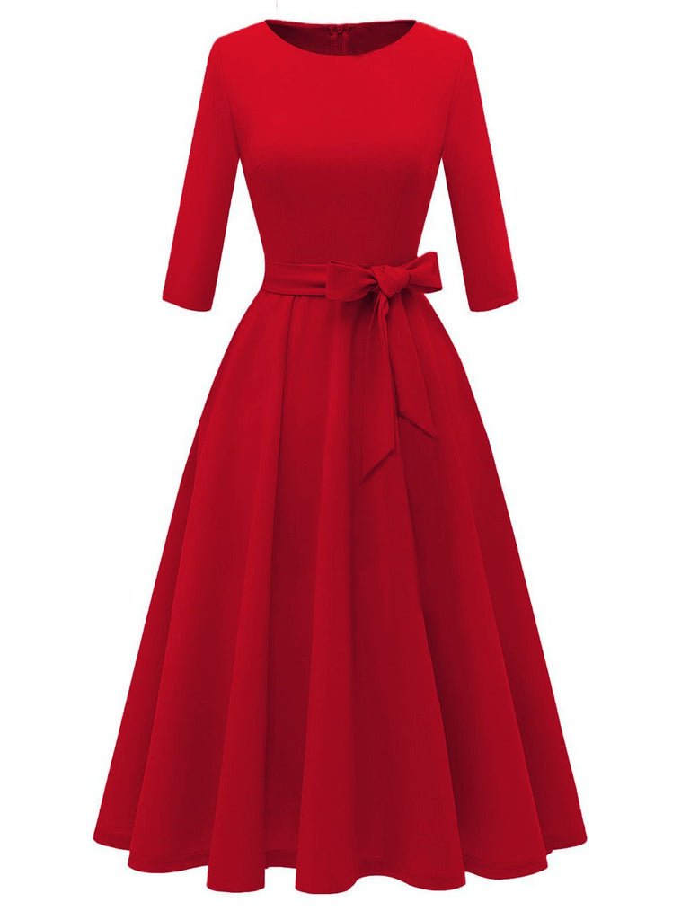 Robe trapèze manches trois-quarts à nœud papillon années 1940
