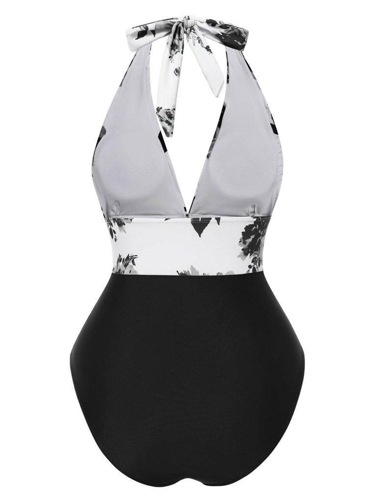 Maillot de bain dos nu col V motif silhouette de feuille des années 1940