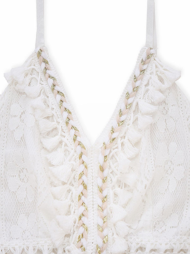 Robe longue bohème blanche en dentelle à col en V années 1970