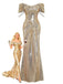 Robe de soirée dorée sequins épaules dénudées années 1980