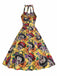 Robe évasée jaune à col licou tête de mort hippie années 1950
