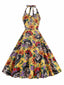 Robe évasée jaune à col licou tête de mort hippie années 1950