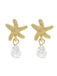 Gold starfish earrings with pearl drops on a white background