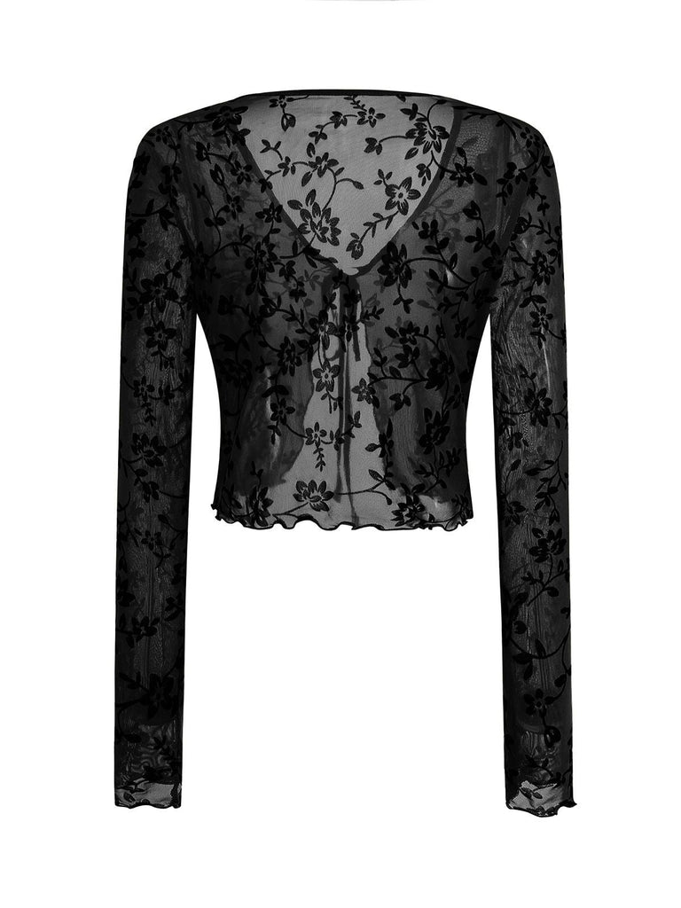Cardigan transparent à lacets et imprimé botanique des années 1980