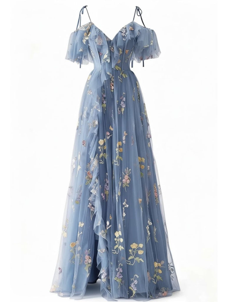Robe fendue en tulle Lac Verte brodé de fleurs années 1970