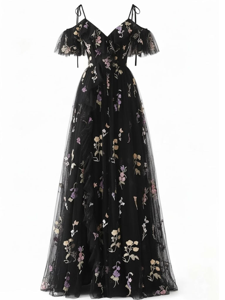 Robe fendue en tulle Lac Verte brodé de fleurs années 1970