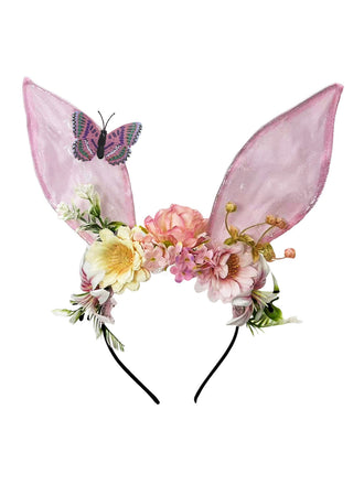 Whimsical pink fairycore headband with sheer bunny ears, silk flowers, and a purple butterfly accent.