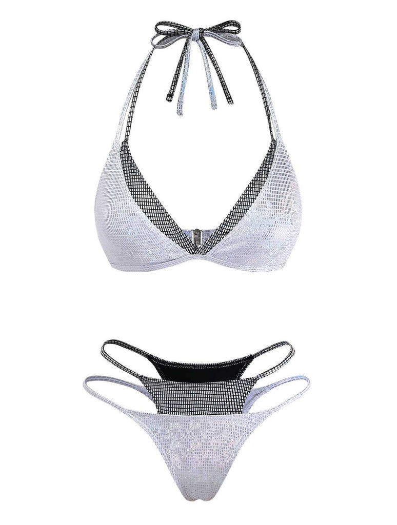 Argent Halter Chatoyant Faux Deux-Pièces Ensemble Bikini Années 1980