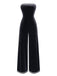 Black strapless jumpsuit with silver trim on a white background