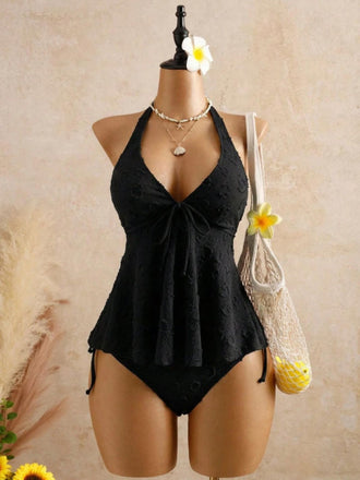 Texturé Floral Halter Profond V Ensemble Tankini Années 1950 10