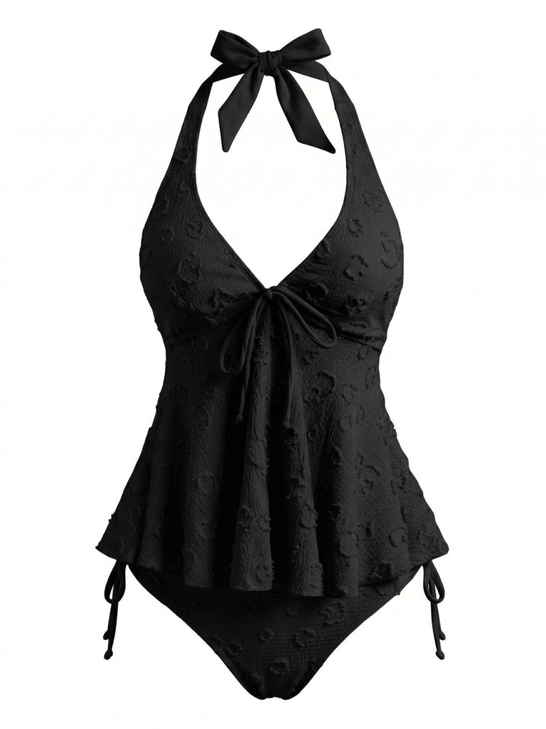 Texturé Floral Halter Profond V Ensemble Tankini Années 1950 9
