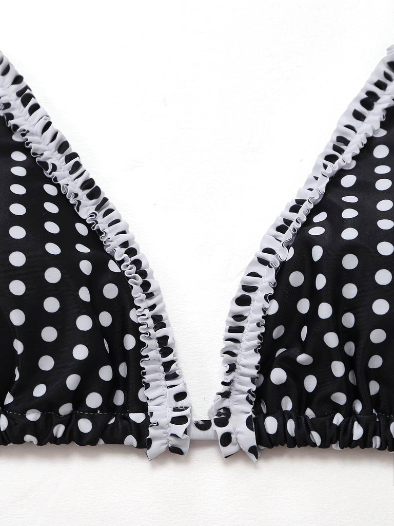 Noir à Pois Dentelle Halter Ensemble Bikini Années 1960 5