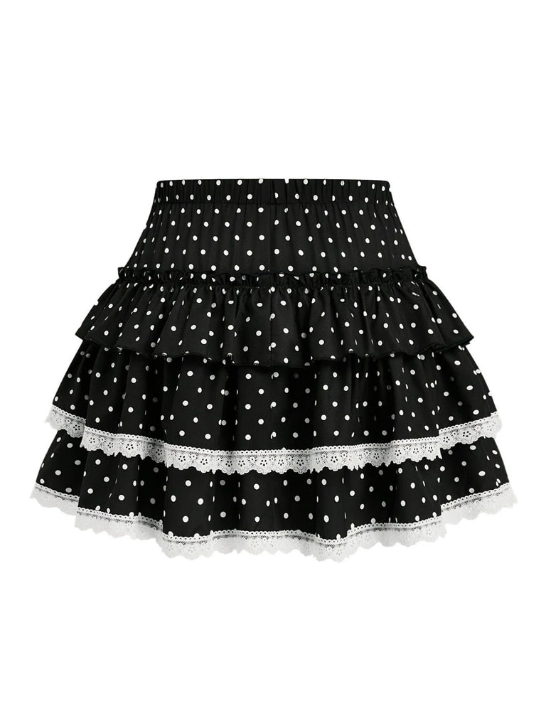 Black polka dot lace ruffle mini skirt back view showing layered ruffle design for vintage feminine styling