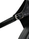 Close-up of a black leather strap with a silver buckle on a white background